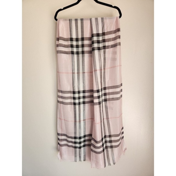 Burberry Lightweight Giant Check Wool Silk Viscose Scarf 84.6'' x 27.6'' Pink - Picture 7 of 16